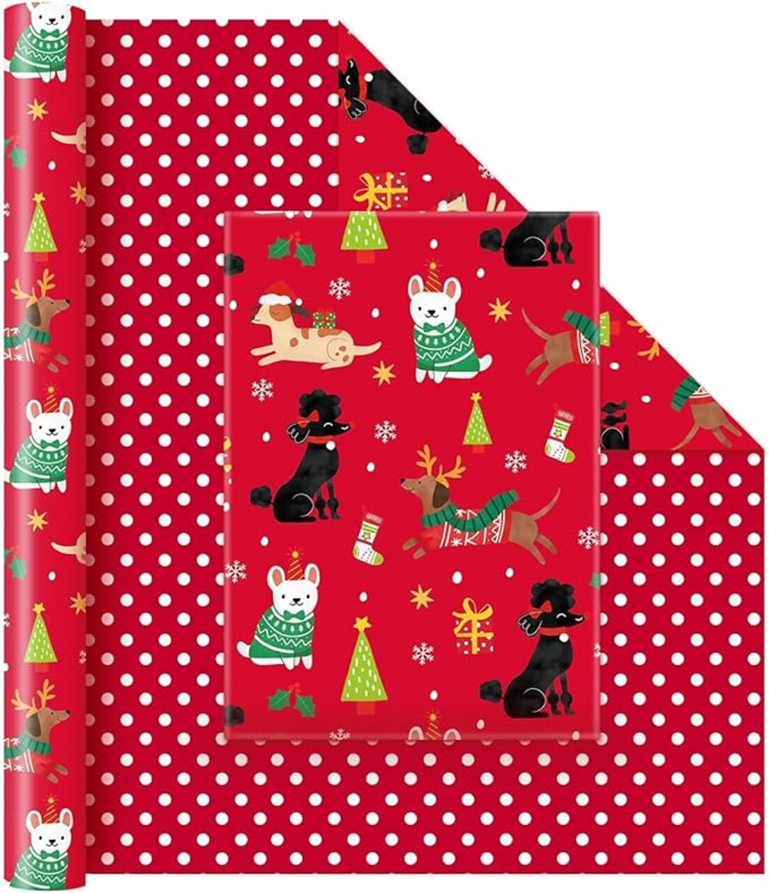 1 Roll 17” x 33 ft Puppy Red Kids Christmas Wrapping Paper Birthday Party Gift Funny Christmas Wrap Decoration Polka Dot
